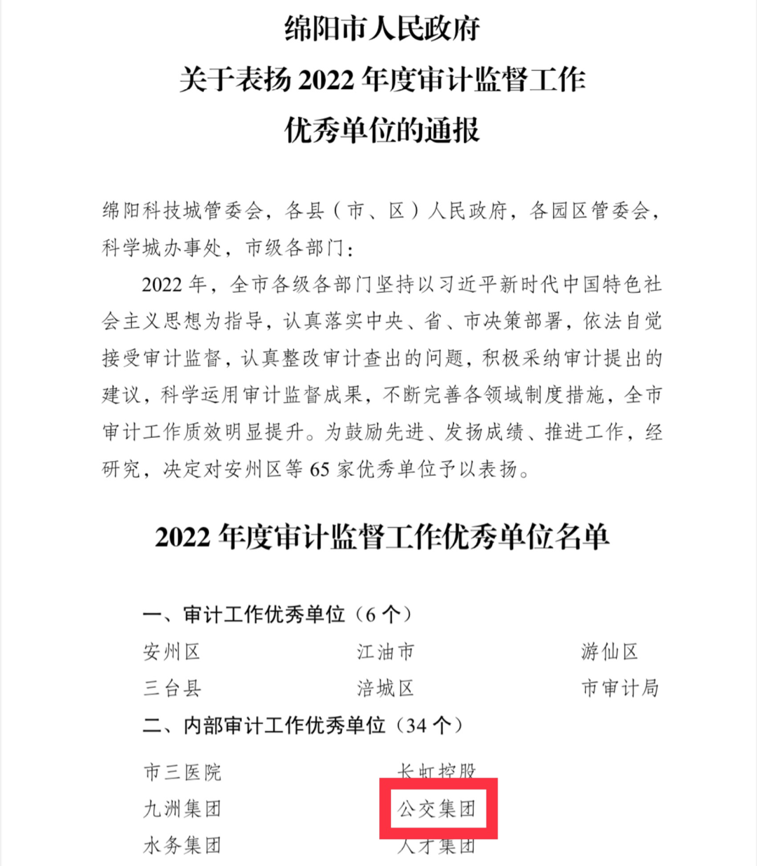 喜讯：绵阳公交集团连续三年荣获市“内部审计工作优秀单位”殊荣